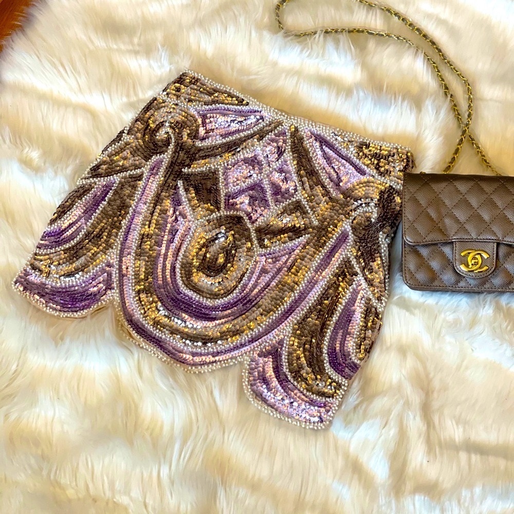 Sequins-Beaded Mini Skirt (Gold, Lavender & Cream)